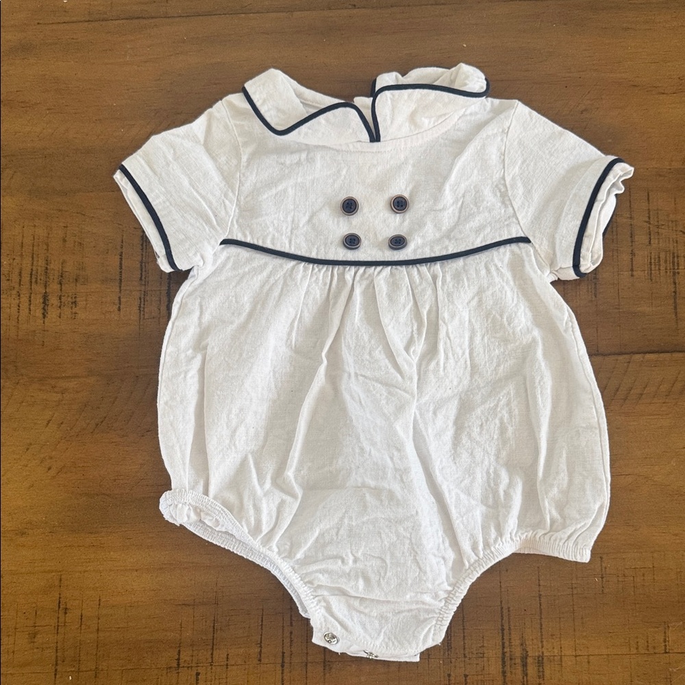 Mud Pie White Baby Romper with Navy Trim